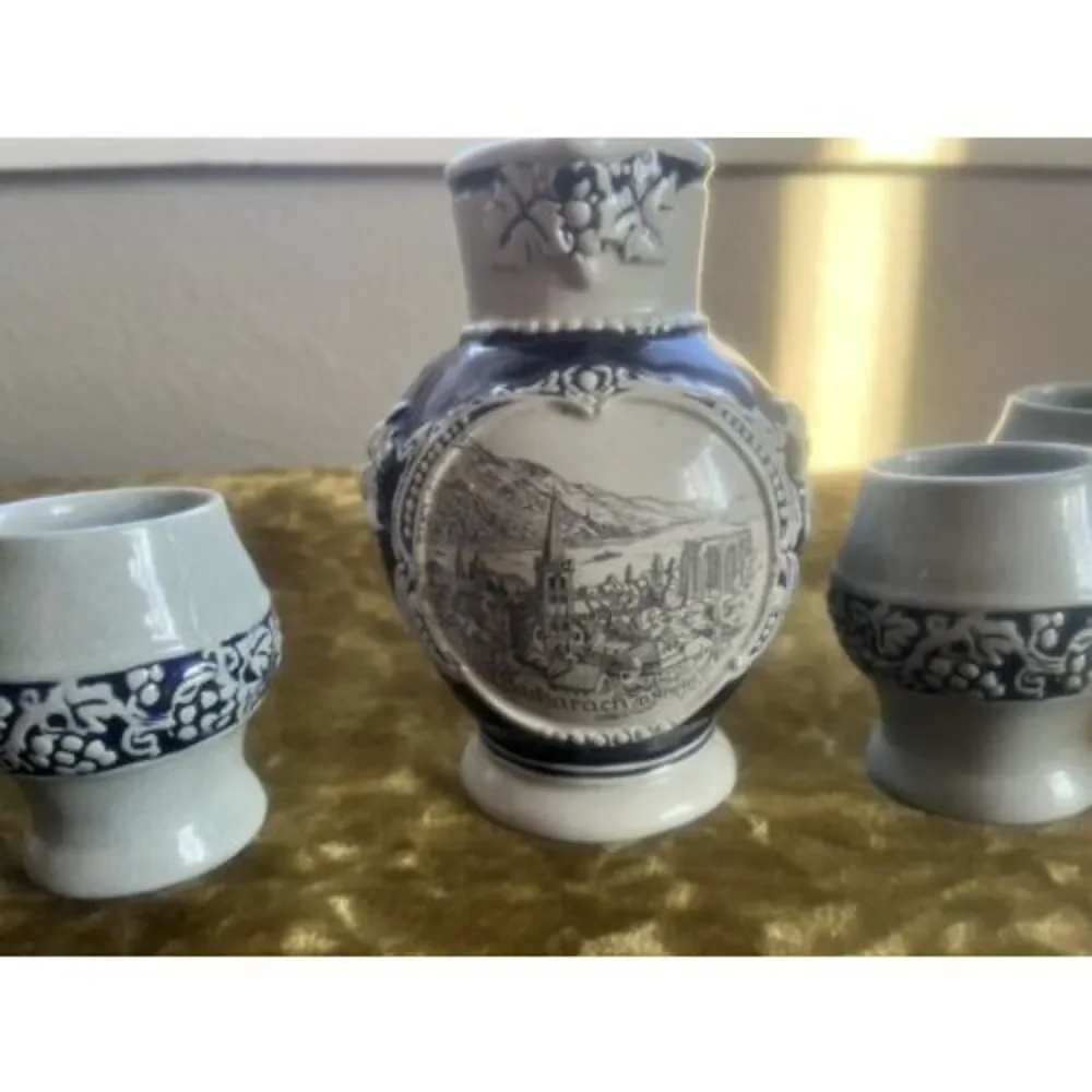 German Stoneware Pitcher Salt Glaze Cobalt Bacharach/A.Rhein With 5 Cups (7566)